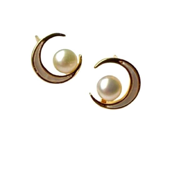 Cosmic Moon & Genuine Pearl Stud Earrings, 18k Gold Vermeil, Crescent Lunar NEW - Picture 8 of 9